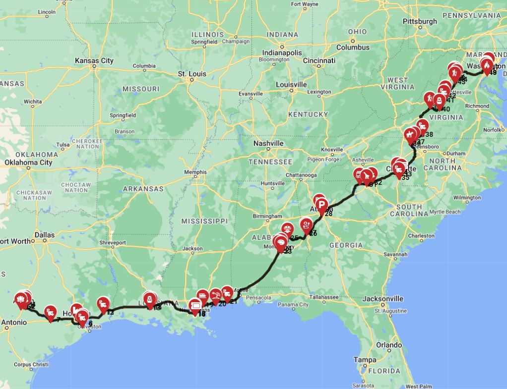 RV trip wizard route planning  from Austin to Washington DC